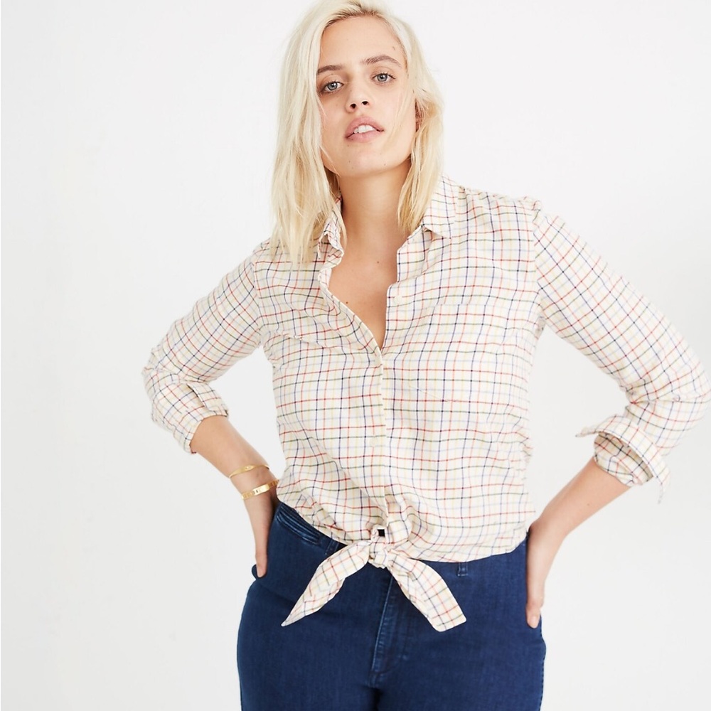Women’s Madewell Tie-Front Shirt in Rainbow Plaid button down size small cotton